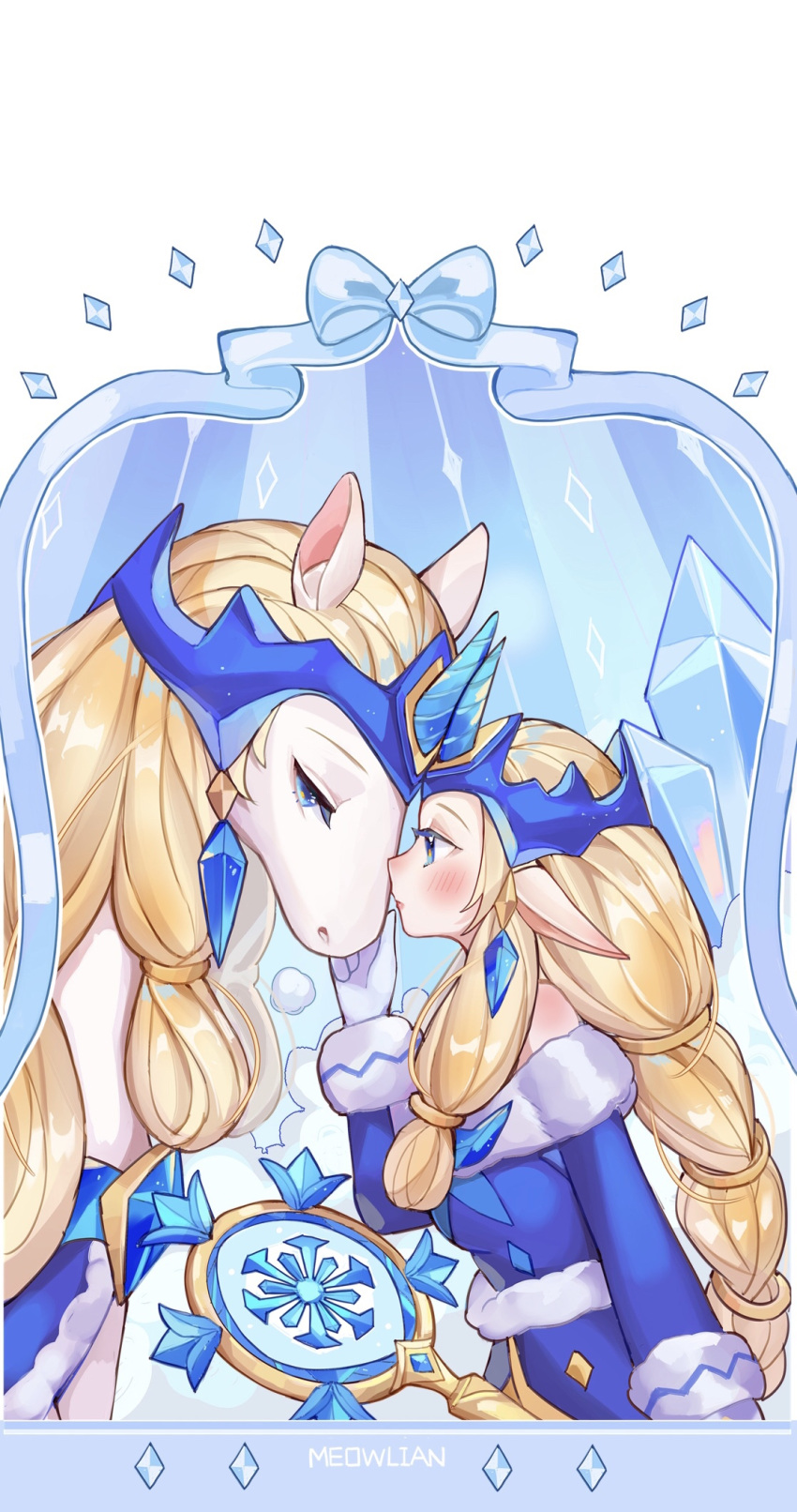 1girl alternate_costume alternate_eye_color alternate_hair_color artist_name blue_dress blue_eyes blush dress eye_contact fur_trim gloves hair_ornament highres horn league_of_legends long_hair long_ponytail looking_at_another meowlian mirror pointy_ears ponytail side_braids simple_background soraka staff standing unicorn very_long_hair white_background white_gloves winter_wonder_soraka
