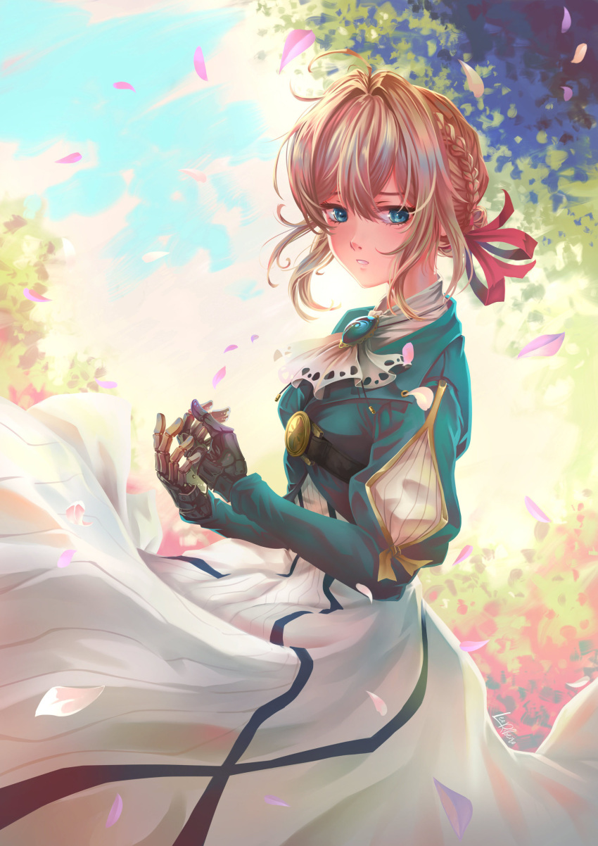1girl absurdres bangs blonde_hair blue_eyes blue_jacket blue_sky braid brooch commentary english_commentary falling_petals french_braid hair_between_eyes hair_bun hair_intakes hair_ribbon highres jacket jewelry leaf leofoxart long_skirt parted_lips prosthesis red_ribbon ribbon skirt sky violet_evergarden violet_evergarden_(character) white_neckwear white_skirt