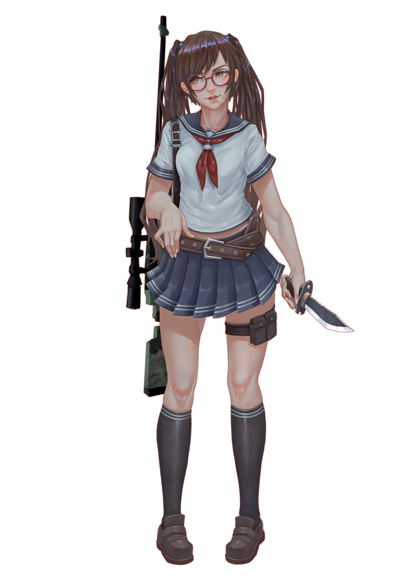 1girl absurdres belt black_legwear blue_skirt brown_eyes brown_footwear brown_hair candy food full_body glasses gun highres holding holding_knife holding_weapon kneehighs knife lollipop long_hair looking_at_viewer original parted_lips pleated_skirt red-framed_eyewear red_neckwear school_uniform serafuku shoes simple_background skirt snow7a solo standing thigh_pouch twintails weapon white_background