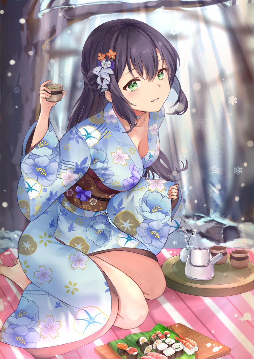 1girl arm_up bangs bare_tree barefoot black_choker blue_kimono blurry blurry_background braid breasts brown_hair choker commentary cup day depth_of_field eyebrows_visible_through_hair fingernails floral_print flower food green_eyes hair_between_eyes hair_flower hair_ornament highres holding holding_cup japanese_clothes kimono long_hair long_sleeves medium_breasts mosta_(lo1777789) obi orange_flower original outdoors pinching_sleeves print_kimono sash sidelocks sleeves_past_wrists snow snowflakes snowing solo sushi symbol_commentary teapot tray tree very_long_hair wide_sleeves