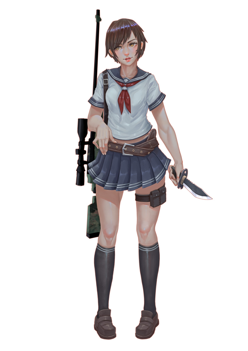 1girl absurdres belt black_legwear black_skirt brown_eyes brown_footwear brown_hair full_body gun highres holding holding_knife holding_weapon kneehighs knife looking_at_viewer original parted_lips pleated_skirt red_neckwear rifle school_uniform serafuku shoes short_hair simple_background skirt sniper_rifle snow7a solo standing thigh_pouch weapon white_background