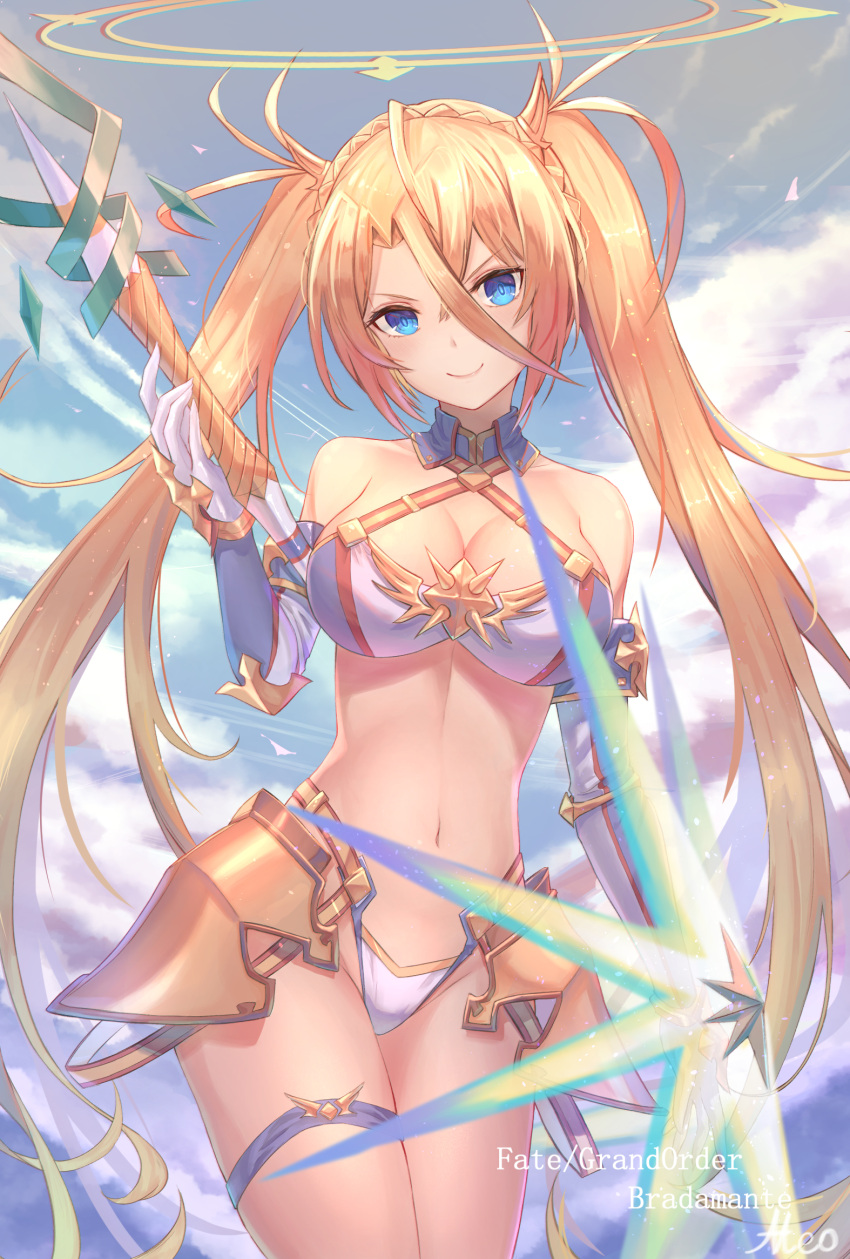 1girl bangs bare_shoulders bikini blonde_hair blue_eyes blue_sky blush bradamante_(fate/grand_order) braid breasts cleavage closed_mouth collarbone elbow_gloves fate/grand_order fate_(series) faulds french_braid gloves hair_between_eyes halo highleg highleg_bikini highres hips large_breasts long_hair looking_at_viewer meo_(1271884559) navel sky smile solo swimsuit thigh_strap thighs twintails very_long_hair weapon