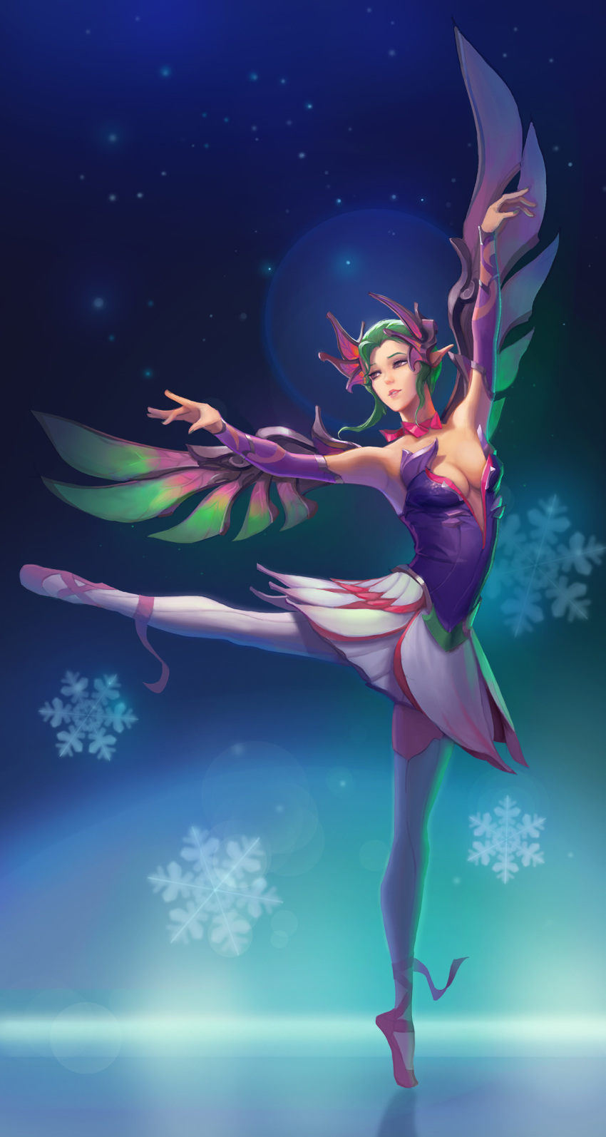 1girl aqua_hair arms_up bare_shoulders blue_background breasts choker dancing dress elbow_gloves fairy_wings full_body gloves hair_bun hair_ornament highres leg_ribbon li_moly light_particles looking_to_the_side mechanical_wings medium_breasts mercy_(overwatch) miniskirt outstretched_arms overwatch parted_lips pointy_ears purple_dress purple_gloves purple_ribbon ribbon ribbon_choker skirt sleeveless sleeveless_dress smile snowflakes solo standing standing_on_one_leg sugar_plum_fairy_mercy thigh-highs violet_eyes wings