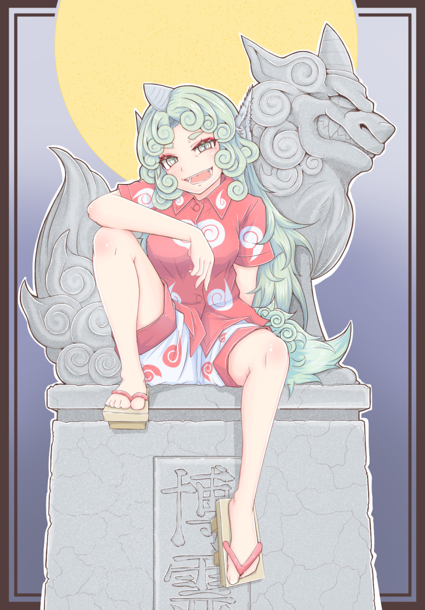 1girl animal_ears bangs bare_legs barefoot buttons cloud_print collared_shirt commentary_request cube85 curly_hair full_body full_moon geta green_eyes green_hair head_tilt highres horn knee_up komainu komano_aun long_hair looking_at_viewer moon open_mouth red_shirt shirt short_sleeves shorts sitting slit_pupils smile solo statue tail thick_eyebrows touhou translated very_long_hair white_shorts wing_collar