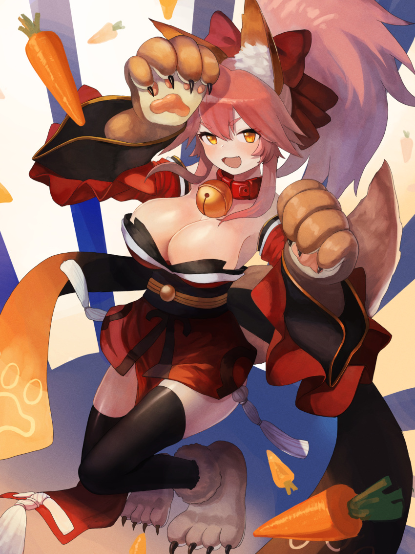 1girl animal_ear_fluff animal_ears bell bell_collar breasts carrot cat_hair_ornament cat_paws cleavage collar fangs fate/grand_order fate_(series) food fox_ears fox_girl fox_tail full_body gloves hair_ornament hair_ribbon highres japanese_clothes jingle_bell kimono large_breasts long_hair looking_at_viewer moutama open_mouth paw_gloves paw_pose paw_shoes paws pink_hair ponytail red_kimono red_ribbon ribbon shoes solo tail tamamo_(fate)_(all) tamamo_cat_(fate) vegetable yellow_eyes