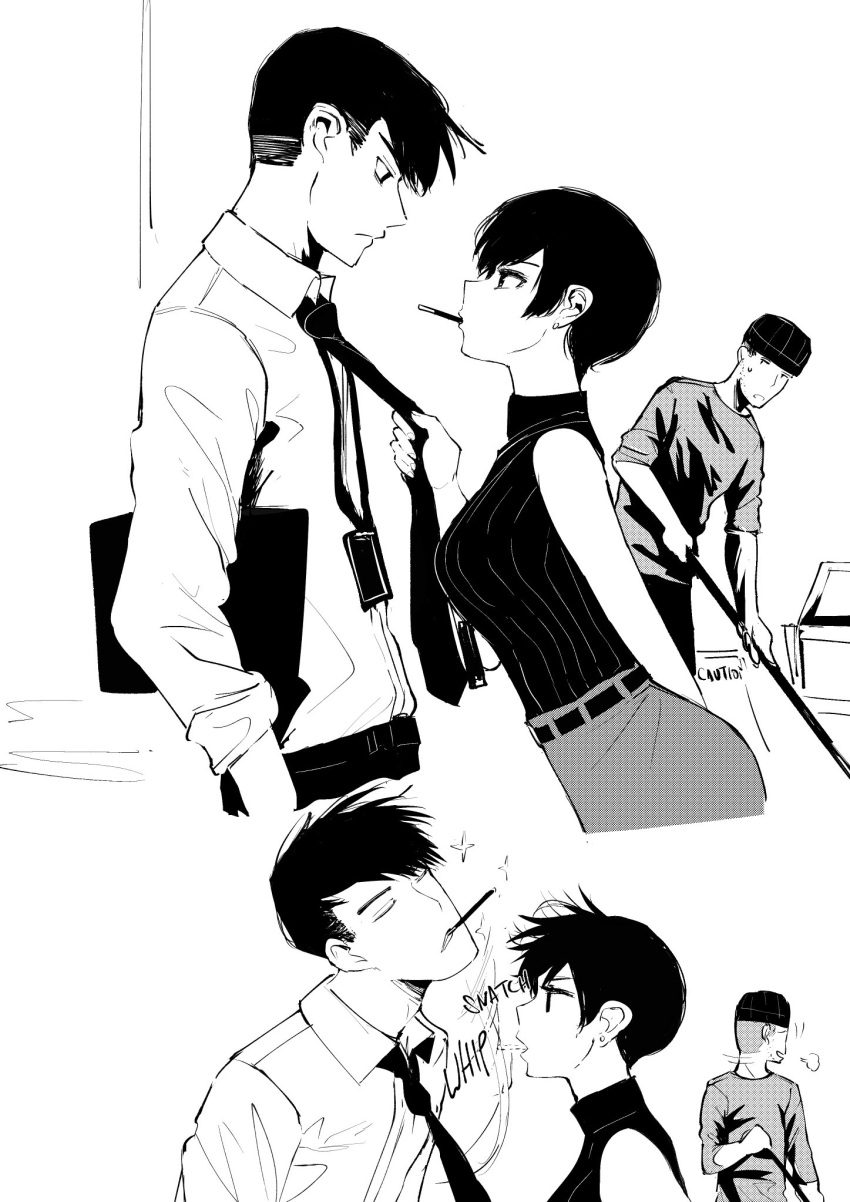 1girl 2boys 2koma arm_behind_back bare_shoulders comic commentary english_commentary food food_in_mouth height_difference hetero highres janitor lanyard leaning_forward looking_at_another mouth_hold multiple_boys necktie necktie_grab neckwear_grab norman_maggot ol-chan_(norman_maggot) original pocky pocky_day pocky_kiss ribbed_sweater shared_food short_hair sleeveless sleeveless_turtleneck sweatdrop sweater turtleneck