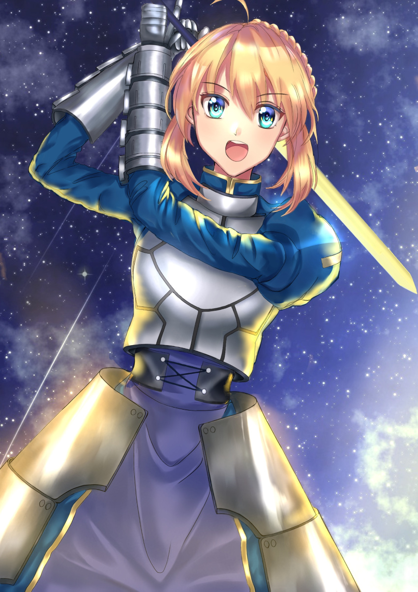 1girl :d ahoge armor armored_dress arms_up artoria_pendragon_(all) blonde_hair blue_dress blue_eyes blue_sky braided_bun breastplate chioji_shi clouds dress eyebrows_visible_through_hair fate/stay_night fate_(series) faulds gauntlets hair_between_eyes highres holding holding_sword holding_weapon open_mouth outdoors saber short_hair_with_long_locks sidelocks sky smile solo standing star_(sky) starry_sky sword weapon