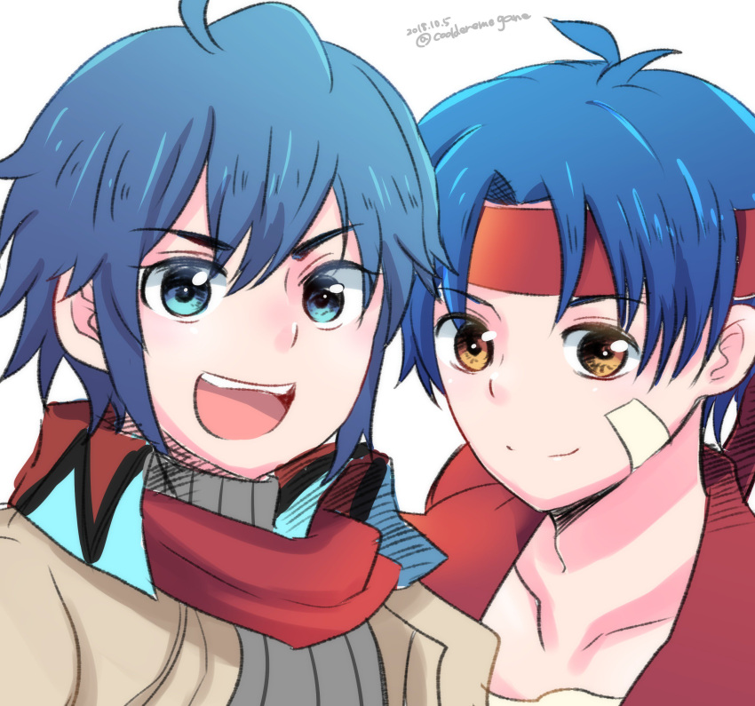 2boys absurdres blue_eyes blue_hair commentary_request dean_stark headband highres multiple_boys red_vest rody_roughnight scarf smile vest wild_arms wild_arms:_million_memories wild_arms_1 wild_arms_5