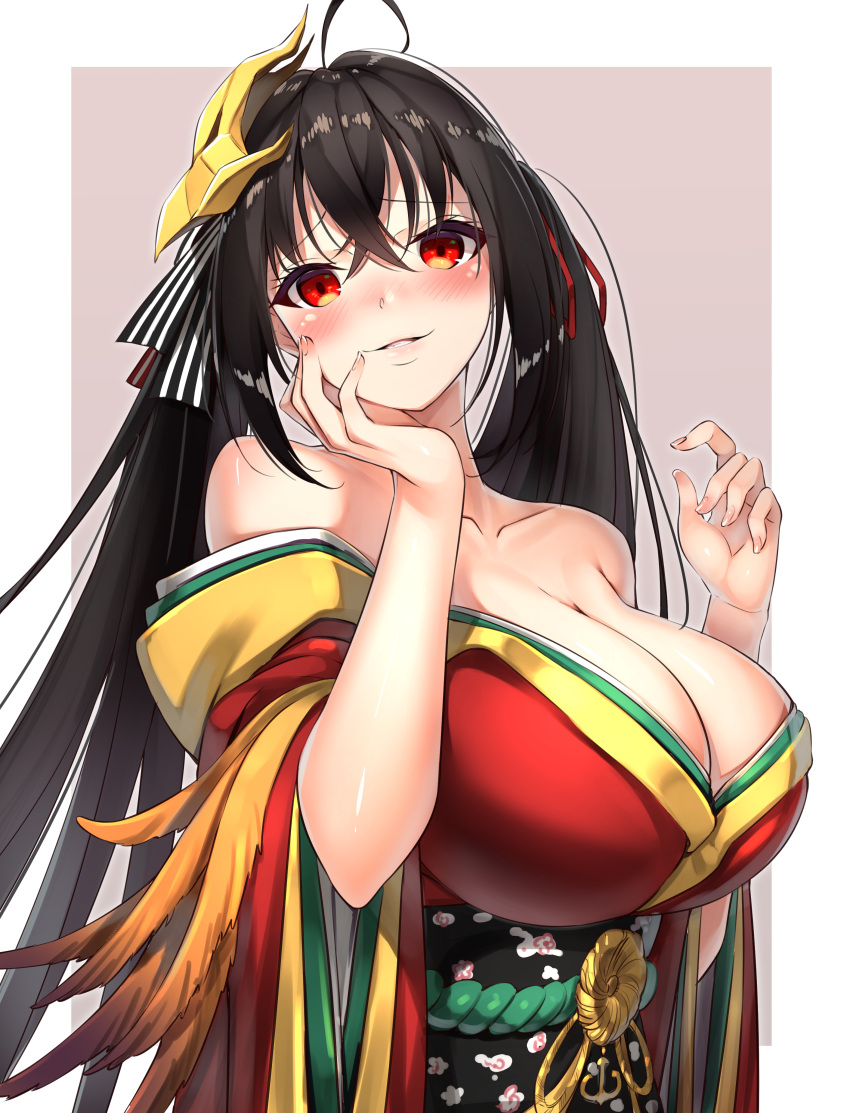 1girl absurdres ahoge azur_lane bangs bare_shoulders black_hair blush breasts cleavage collarbone crossed_bangs eyebrows_visible_through_hair feathers hair_between_eyes hair_ribbon highres huge_breasts japanese_clothes kimono long_hair looking_at_viewer mask mask_on_head nose_blush parted_lips red_eyes red_kimono red_ribbon ribbon smile solo taihou_(azur_lane) tied_hair twintails two-tone_background very_long_hair yamanokami_eaka