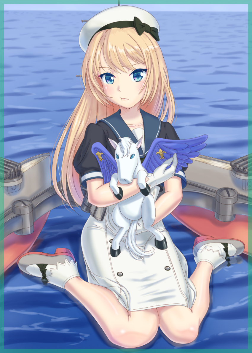 1girl 1other anger_vein blonde_hair blue_eyes blue_sailor_collar dress feathered_wings gloves hat highres horizon horse jervis_(kantai_collection) kantai_collection looking_at_viewer machinery ocean pegasus pout sailor_collar sailor_dress sailor_hat short_sleeves sitting wariza water white_dress white_gloves white_hat wings yamikota
