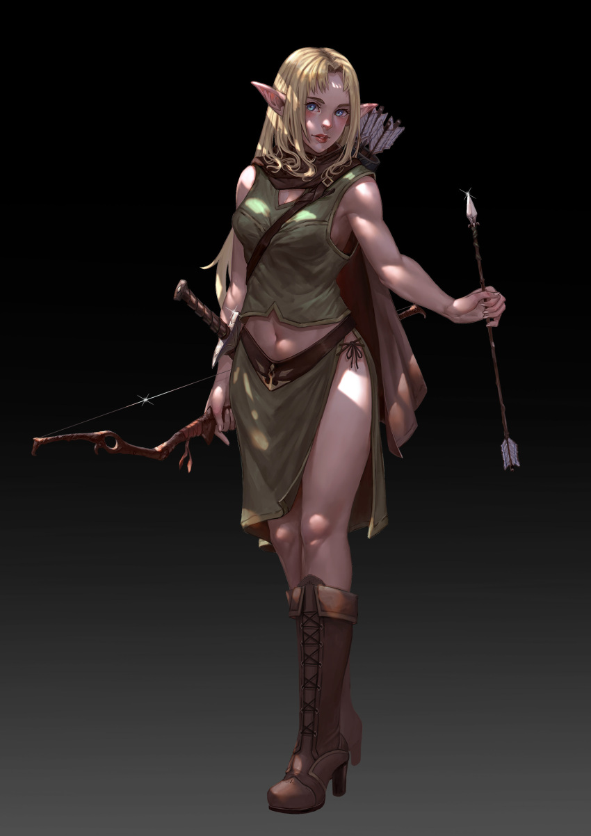 1girl absurdres arrow black_background blonde_hair blue_eyes boots bow_(weapon) breasts brown_cape brown_footwear cross-laced_footwear elf full_body glint gradient gradient_background green_shirt highres holding holding_bow_(weapon) holding_weapon knee_boots lipstick long_hair looking_at_viewer makeup medium_breasts navel original pointy_ears quiver sheath sheathed shirt simple_background sleeveless snow7a solo standing sword thigh-highs weapon