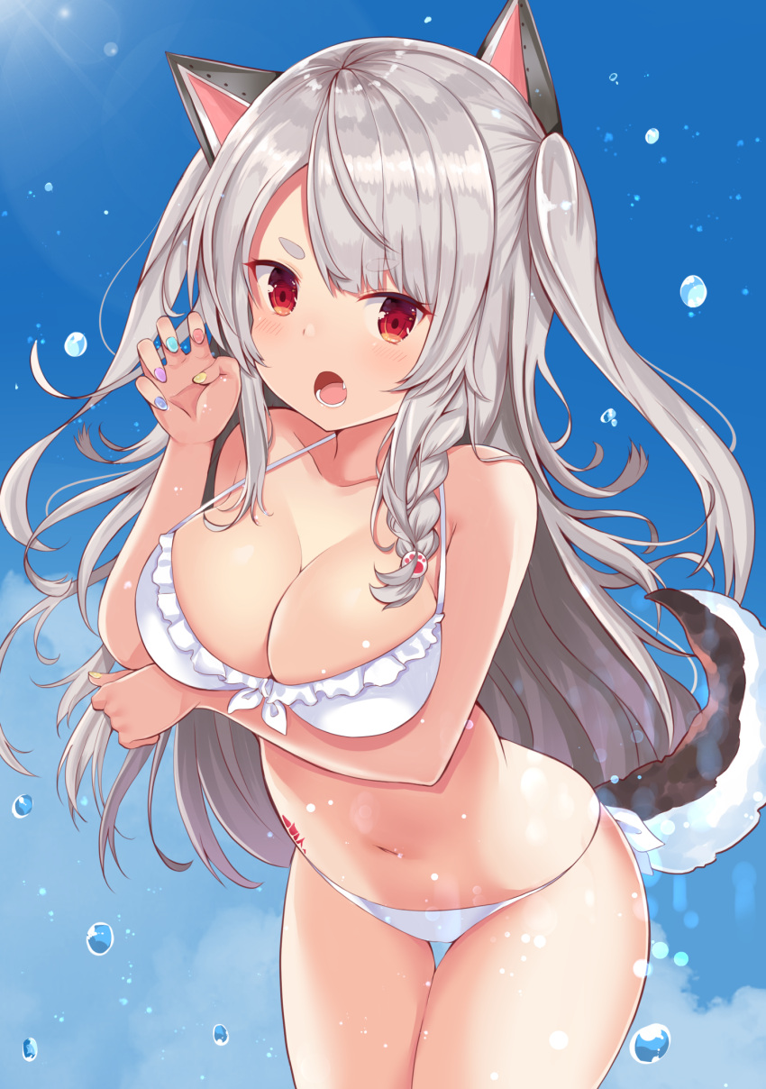 1girl :o animal_ears arm_under_breasts azur_lane bangs bare_arms bare_shoulders bikini blue_nails blue_sky blush braid breast_hold breasts brown_hair claw_pose cleavage clouds collarbone commentary_request day eyebrows_visible_through_hair fang frilled_bikini frills green_nails hair_ornament hand_up highres leaning_forward long_hair looking_at_viewer multicolored multicolored_nails nail_polish navel noeru_(gt17854) open_mouth outdoors pink_nails red_eyes red_nails short_eyebrows side_braid single_braid sky solo swimsuit tail thick_eyebrows thigh_gap two_side_up very_long_hair water_drop white_bikini wolf_ears wolf_girl wolf_tail yellow_nails yuudachi_(azur_lane)
