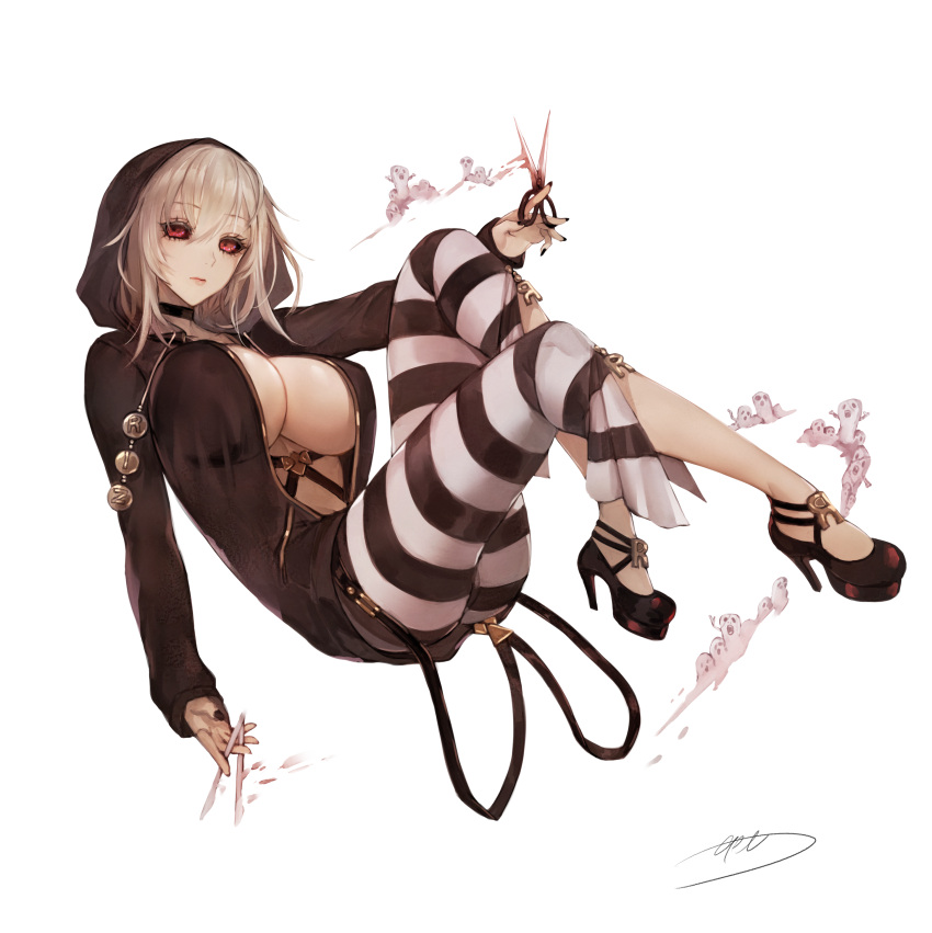 1girl absurdres apt ass black_nails blonde_hair breasts choker cleavage genderswap genderswap_(mtf) high_heels highres hood hooded_jacket jacket jojo_no_kimyou_na_bouken large_breasts looking_at_viewer mary_janes nail_polish pants red_eyes risotto_nero scissors shoes simple_background sleeves_past_wrists striped striped_pants vento_aureo white_background