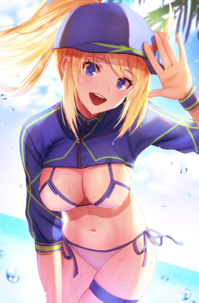 1girl absurdres ahoge artoria_pendragon_(all) bangs baseball_cap bikini blonde_hair blue_eyes blue_hat blue_sky blush breasts cleavage dolce_(dolsuke) fate/grand_order fate_(series) hair_between_eyes hair_through_headwear hat highres hips large_breasts long_hair looking_at_viewer mysterious_heroine_xx_(foreigner) navel open_mouth ponytail shrug_(clothing) sky smile solo swimsuit thigh_strap thighs white_bikini wristband