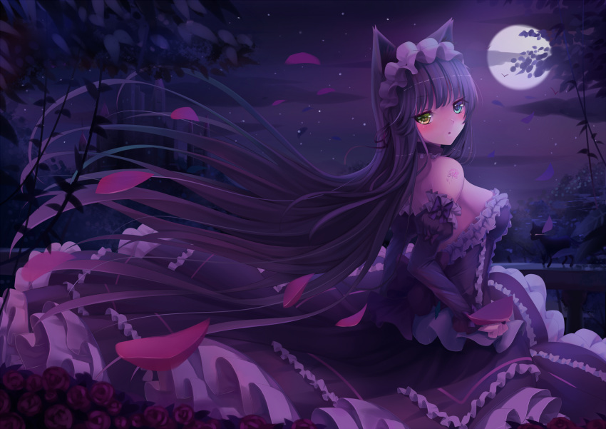 1girl :o animal_ears backless_outfit bare_shoulders black_cat black_hair blue_eyes blush bow breasts castle cat cat_ears choker clenched_hand detached_sleeves dress flower frilled_choker frilled_dress frilled_sleeves frills full_moon hairband heterochromia highres lolita_hairband long_hair long_sleeves medium_breasts moon night original outdoors petals rose solo sonikey0_0 strapless strapless_dress very_long_hair yellow_eyes