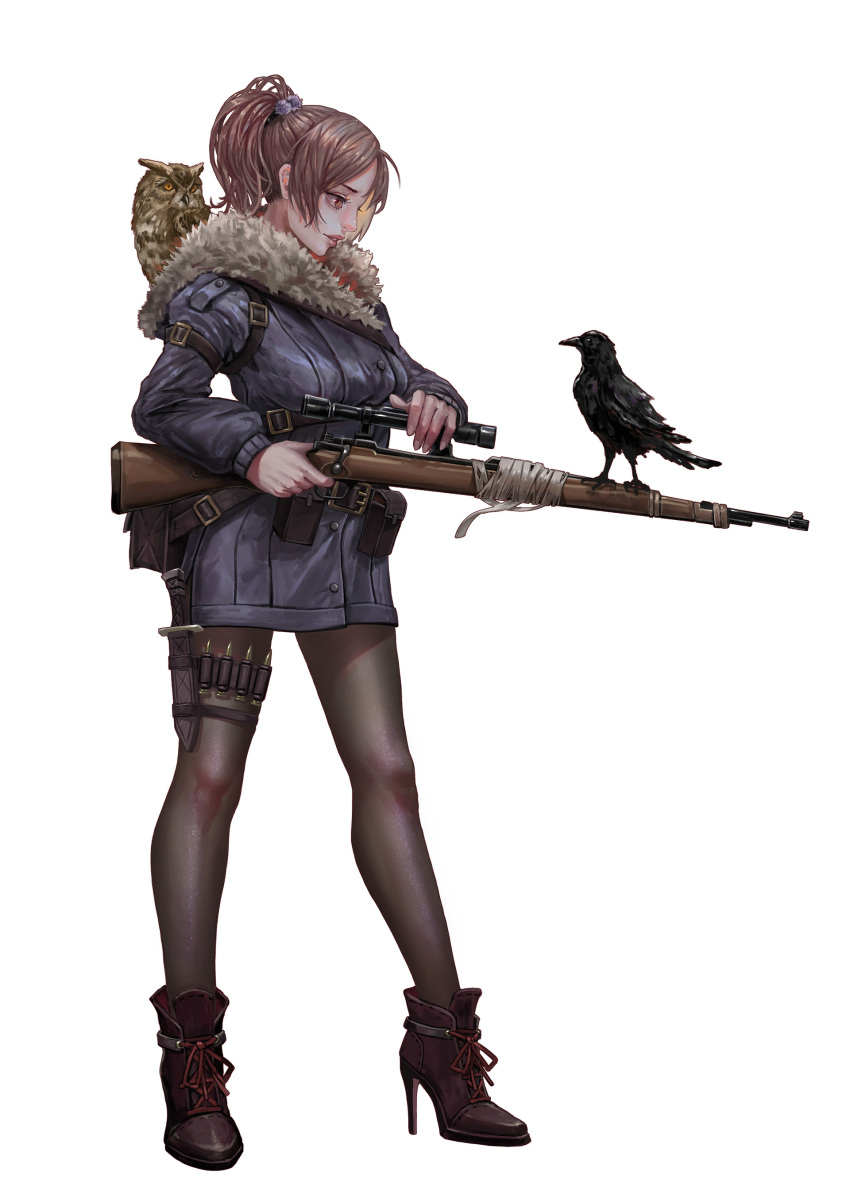 1girl absurdres animal animal_on_shoulder belt_pouch bird bird_on_shoulder blue_coat brown_eyes brown_footwear brown_hair brown_legwear bullet coat crow eye_contact full_body fur_trim gun gun_request hair_bobbles hair_ornament high_heels highres knife looking_at_another medium_hair original owl pantyhose parted_lips pouch profile scope sheath sheathed simple_background snow7a standing weapon white_background