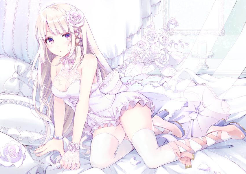 1girl arm_support bare_shoulders bed_sheet blush bow breasts commentary_request curtains dress fingernails flower frilled_dress frilled_pillow frills hair_flower hair_ornament high_heels kashiwabara_en light_brown_hair long_hair medium_breasts original pillow pink_flower red_eyes rose see-through shoes sidelocks sleeveless sleeveless_dress solo thigh-highs very_long_hair white_bow white_dress white_flower white_legwear white_rose