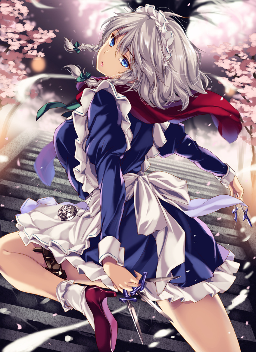 1girl apron bangs blue_dress blue_eyes bobby_socks bow braid breasts cherry_blossoms commentary_request cowboy_shot dress eyebrows_visible_through_hair frilled_apron frills green_bow green_neckwear green_ribbon hair_between_eyes hair_bow hakugyokurou head_tilt high_heels highres holding holding_knife holding_weapon holster izayoi_sakuya juliet_sleeves knife knives_between_fingers leg_up lipstick long_sleeves looking_at_viewer looking_back maid maid_apron maid_headdress makeup medium_breasts moneti_(daifuku) neck_ribbon parted_lips perfect_cherry_blossom petals pink_lipstick pocket_watch puffy_sleeves red_footwear red_scarf ribbon saigyou_ayakashi scarf short_hair silver_hair socks solo stairs thigh_holster thighs touhou tree twin_braids waist_apron watch weapon white_apron white_legwear