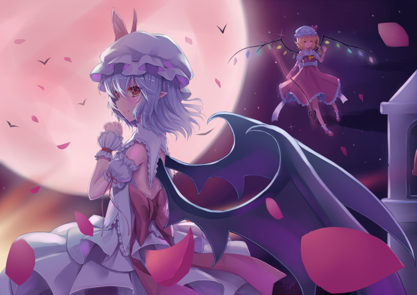 2girls ascot backless_outfit bat bat_wings bell bell_tower black_wings blonde_hair closed_mouth crystal flandre_scarlet floating full_moon hat hat_ribbon highres long_hair mob_cap moon multiple_girls night night_sky outdoors petals pointy_ears red_eyes red_footwear red_ribbon red_skirt remilia_scarlet ribbon rose_petals shirt shoes siblings silver_hair sisters skirt skirt_set sky smile socks sonikey0_0 touhou white_hat white_legwear white_shirt white_skirt wind wings wrist_cuffs yellow_neckwear