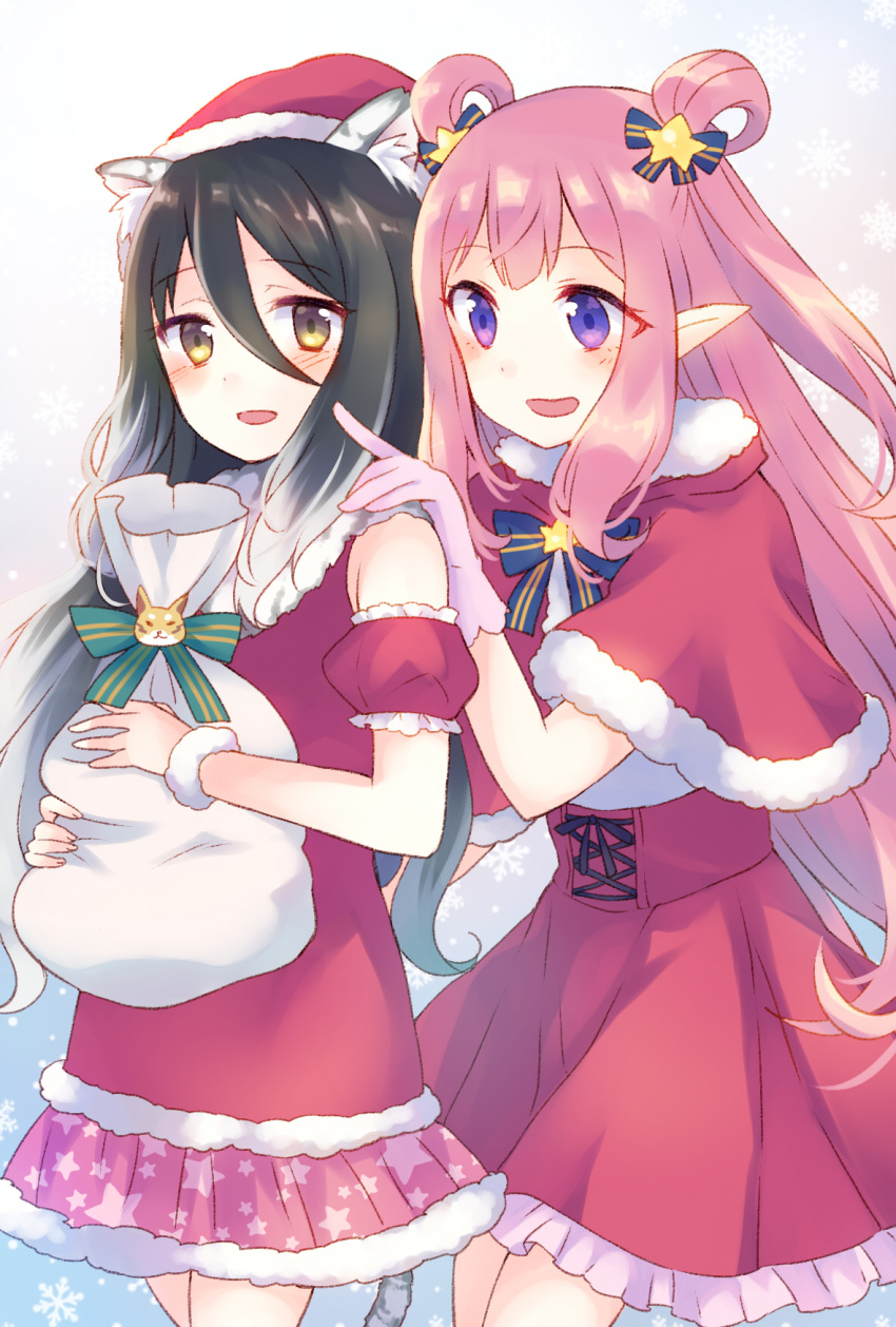 2girls :d animal_ear_fluff animal_ears bangs black_hair blue_bow blush bow brown_eyes capelet cat_ears commentary_request detached_sleeves dress eyebrows_visible_through_hair fur-trimmed_capelet fur-trimmed_hat fur_trim gradient_hair green_bow gucchiann hair_between_eyes hair_bow hair_ornament hand_on_another's_shoulder hat highres holding holding_sack kashiwazaki_hatsune kashiwazaki_shiori long_hair multicolored_hair multiple_girls open_mouth pink_hair pink_sleeves pointy_ears princess_connect! princess_connect!_re:dive puffy_short_sleeves puffy_sleeves red_capelet red_dress red_hat red_skirt red_sleeves sack santa_hat shirt short_sleeves skirt sleeveless sleeveless_dress smile snowflakes star star_hair_ornament striped striped_bow two_side_up very_long_hair violet_eyes white_hair white_shirt