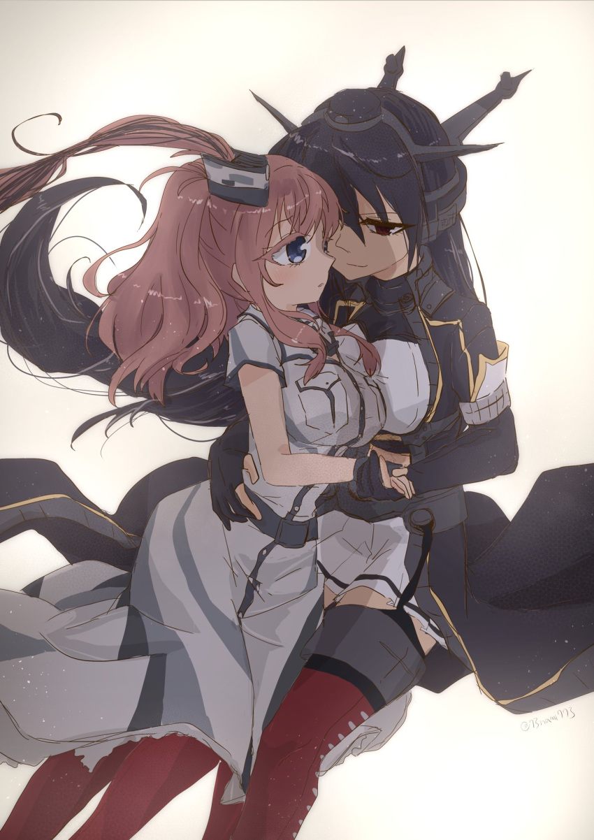 2girls anchor belt black_coat black_gloves black_hair blue_eyes blush bodysuit breast_pocket breasts brown_hair buttons closed_mouth coat commentary_request dress eyebrows_visible_through_hair gloves hair_between_eyes hair_ornament hand_holding hand_on_another's_hip headgear highres kantai_collection long_hair machinery miniskirt multiple_girls nagato_(kantai_collection) nami_nami_(belphegor-5812) one_side_up parted_lips partly_fingerless_gloves pocket ponytail red_legwear remodel_(kantai_collection) saratoga_(kantai_collection) shaded_face sidelocks skirt smile smokestack thigh-highs twitter_username white_dress white_skirt