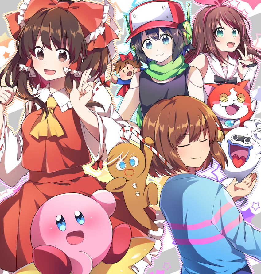 &gt;_&lt; 1boy 1other 3girls :d a.i._channel android ascot bandai bangs bare_shoulders baseball_cap black_hair black_shirt blue_eyes blue_shirt blush bow breasts brown_eyes brown_hair candy candy_cane caramell0501 cat character_request closed_eyes commentary cookie_run crossover detached_sleeves doukutsu_monogatari eyebrows_visible_through_hair fictional_character food frilled_bow frilled_shirt_collar frills frisk_(undertale) ghost gingerbread_man green_scarf hair_between_eyes hair_bow hair_tubes hairband hakurei_reimu hal_laboratory_inc. hand_up hands_up hat headphones highres holding holding_food hoshi_no_kirby human i_wanna_be_the_guy jibanyan kirby kirby_(series) kizuna_ai level-5 long_hair long_sleeves medium_breasts multiple_crossover multiple_girls namco nintendo olm_digital open_mouth pink_hairband quote red_bow red_skirt ribbon-trimmed_sleeves ribbon_trim sailor_collar scarf shirt short_hair sidelocks skirt skirt_set sleeveless sleeveless_shirt smile star studio_pixel super_smash_bros. symbol_commentary team_shanghai_alice toby_fox_(publisher) toei_animation touhou tv_tokyo undertale upper_body virtual_youtuber w warp_star warpstar_inc. whisper_(youkai_watch) white_sailor_collar white_shirt wide_sleeves yellow_neckwear youkai_watch youtube