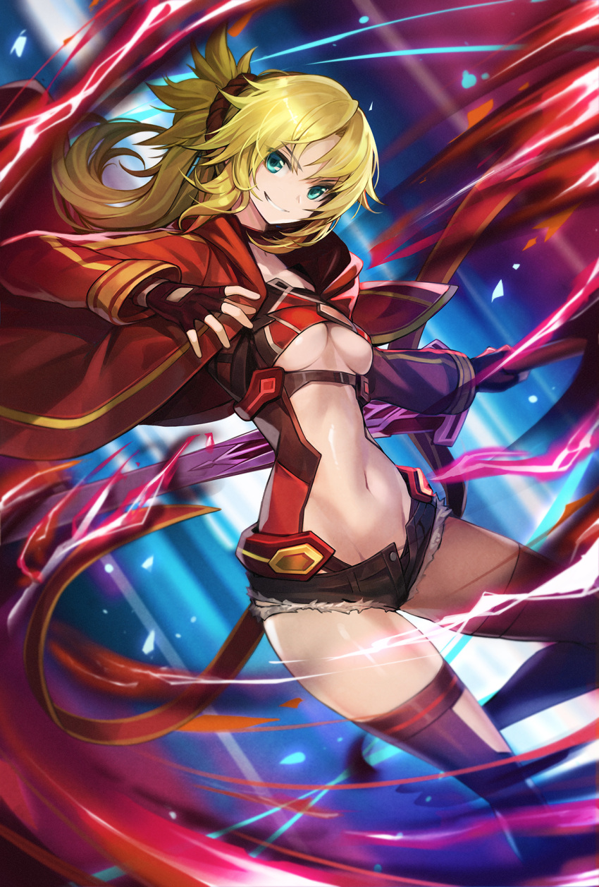 1girl black_shorts blonde_hair breasts brown_gloves center_opening cutoffs fate/grand_order fate_(series) fingerless_gloves floating_hair gloves goomrrat green_eyes grin groin hair_tie highres jacket leg_up lightning long_hair long_sleeves looking_at_viewer mordred_(fate) mordred_(fate)_(all) navel open_clothes open_fly open_jacket ponytail red_jacket red_legwear red_shirt shirt short_shorts shorts small_breasts smile solo stomach thigh-highs under_boob v-shaped_eyebrows