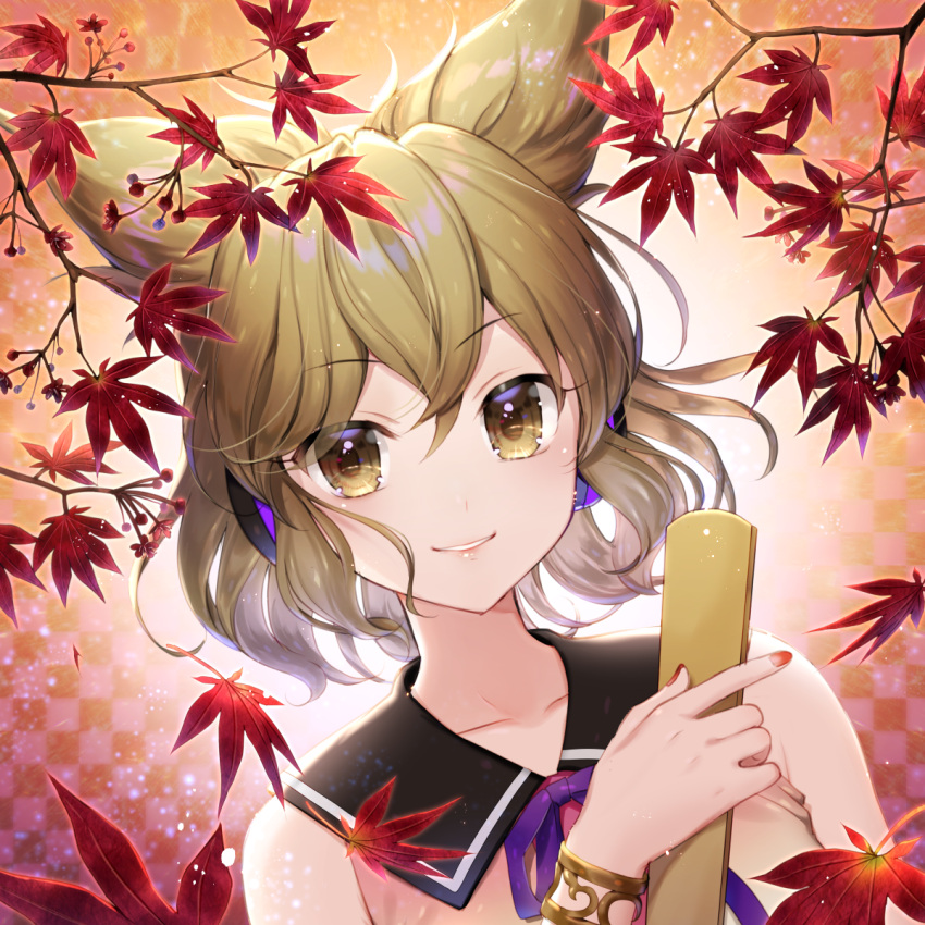 1girl autumn_leaves bangs bare_shoulders bracelet checkered checkered_background collarbone commentary_request earmuffs eyebrows_visible_through_hair grin hair_between_eyes hand_up highres holding jewelry leaf light_brown_hair light_particles looking_at_viewer maple_leaf momoshiki_tsubaki nail_polish neck_ribbon parted_lips pointy_hair purple_neckwear purple_ribbon red_nails ribbon ritual_baton short_hair sleeveless smile solo touhou toyosatomimi_no_miko upper_body yellow_eyes