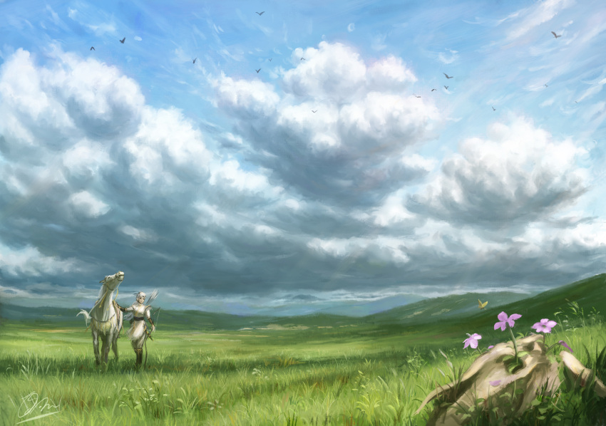 1boy animal arrow bird blue_sky bow_(weapon) clouds cloudy_sky commentary_request day flock flower gauntlets grass highres hill horse male_focus meadow original pink_flower plant reins robe rock scenery shiki_makoto short_hair signature sky solo standing weapon white_hair white_robe wide_shot