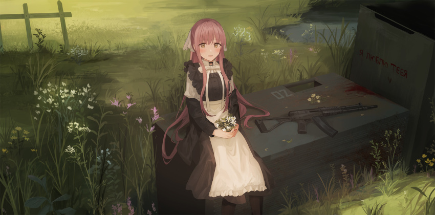 1girl :d apron bangs black_dress black_jacket blush brown_eyes chihuri commentary_request day dress eyebrows_visible_through_hair feet_out_of_frame fence flower grave gun hair_between_eyes highres holding holding_flower jacket long_hair long_sleeves looking_at_viewer off_shoulder open_mouth original outdoors pink_hair puffy_short_sleeves puffy_sleeves russian shirt short_sleeves sitting sleeveless sleeveless_dress smile solo tombstone translation_request very_long_hair weapon weapon_request white_apron white_flower white_shirt