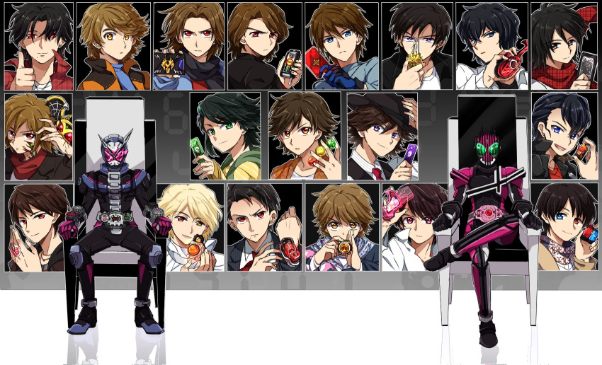 6+boys black_hair blonde_hair brown_hair fedora godai_yuusuke hat henshin_pose heterochromia hibiki_(kamen_rider_hibiki) hidari_shoutarou highres hino_eiji houjou_emu inui_takumi kamen_rider kamen_rider_555 kamen_rider_agito_(series) kamen_rider_blade_(series) kamen_rider_build_(series) kamen_rider_dcd kamen_rider_decade kamen_rider_den-o_(series) kamen_rider_drive_(series) kamen_rider_ex-aid_(series) kamen_rider_fourze_(series) kamen_rider_gaim_(series) kamen_rider_ghost_(series) kamen_rider_hibiki_(series) kamen_rider_kabuto_(series) kamen_rider_kiva_(series) kamen_rider_kuuga_(series) kamen_rider_ooo_(series) kamen_rider_ryuki_(series) kamen_rider_w kamen_rider_wizard_(series) kamen_rider_zi-o kamen_rider_zi-o_(series) kazuraba_kouta kenzaki_kazuma kidou_shinji kiryuu_sento kisaragi_gentarou kivat-bat_iii kurenai_wataru labcoat nogami_ryoutarou philip_(kamen_rider) pompadour pose scarf sitting smile souma_haruto tendou_souji tenkuuji_takeru throne thumbs_up tomari_shinnosuke tsugami_shouichi yoshino_(gunform)