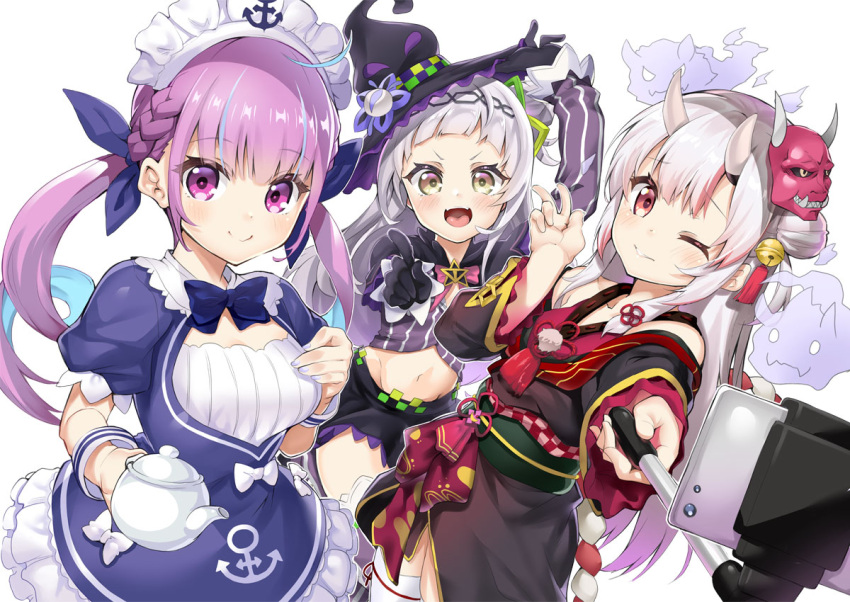 3girls :d anchor_symbol arm_up bare_shoulders black_gloves black_hat black_kimono black_skirt blue_dress blue_hair blue_ribbon blush braid breasts brown_eyes cellphone commentary_request dress ekakibito fangs fingernails foreshortening frilled_dress frills gloves groin hair_ribbon hat holding holding_teapot hololive horns japanese_clothes kimono long_hair long_sleeves mask mask_on_head medium_breasts midriff minato_aqua multicolored_hair multiple_girls murasaki_shion nakiri_ayame navel one_eye_closed oni_mask open_mouth outstretched_arm parted_lips phone pink_hair pointing pointing_at_viewer ribbon self_shot selfie_stick short_kimono silver_hair simple_background skirt sleeves_past_wrists smile streaked_hair striped teapot thigh-highs tilted_headwear twintails v vertical_stripes very_long_hair violet_eyes virtual_youtuber white_background white_legwear witch_hat