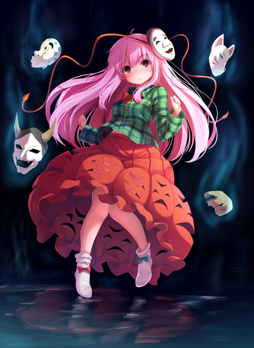 1girl :o bangs blush bow bowtie bubble_skirt expressionless eyebrows_visible_through_hair floating fox_mask full_body green_bow green_shirt hands_up hata_no_kokoro head_tilt highres long_hair long_skirt long_sleeves looking_at_viewer mask nicoby oni_mask pink_eyes pink_hair plaid plaid_shirt red_bow red_neckwear red_skirt shirt shoe_bow shoes skirt solo touhou water white_footwear