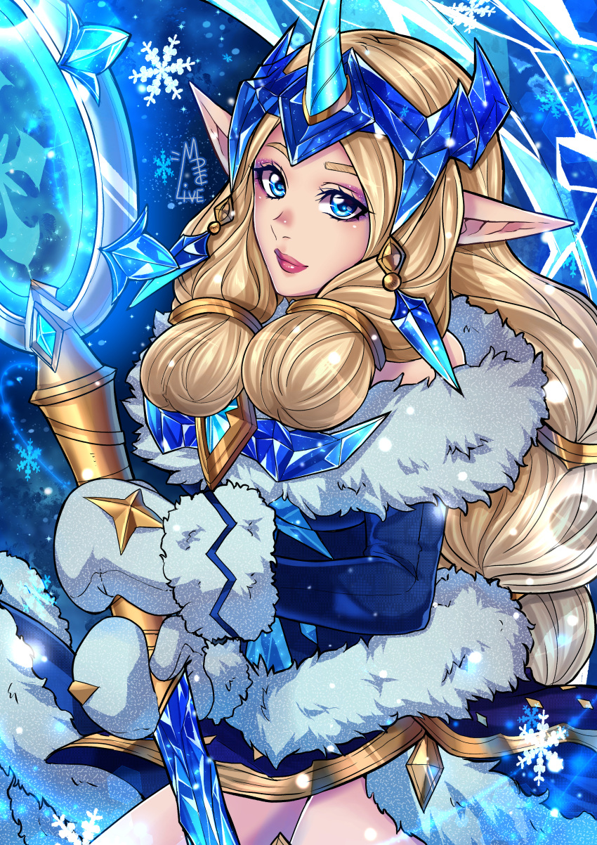 1girl absurdres alternate_eye_color alternate_hair_color artist_name blue_background blue_dress blue_eyes collarbone detached_sleeves dress fur_trim hair_ornament highres holding holding_staff horn huge_filesize league_of_legends long_hair looking_at_viewer maiulive mitterns pointy_ears side_braids snowflakes snowing solo soraka staff very_long_hair winter winter_wonder_soraka