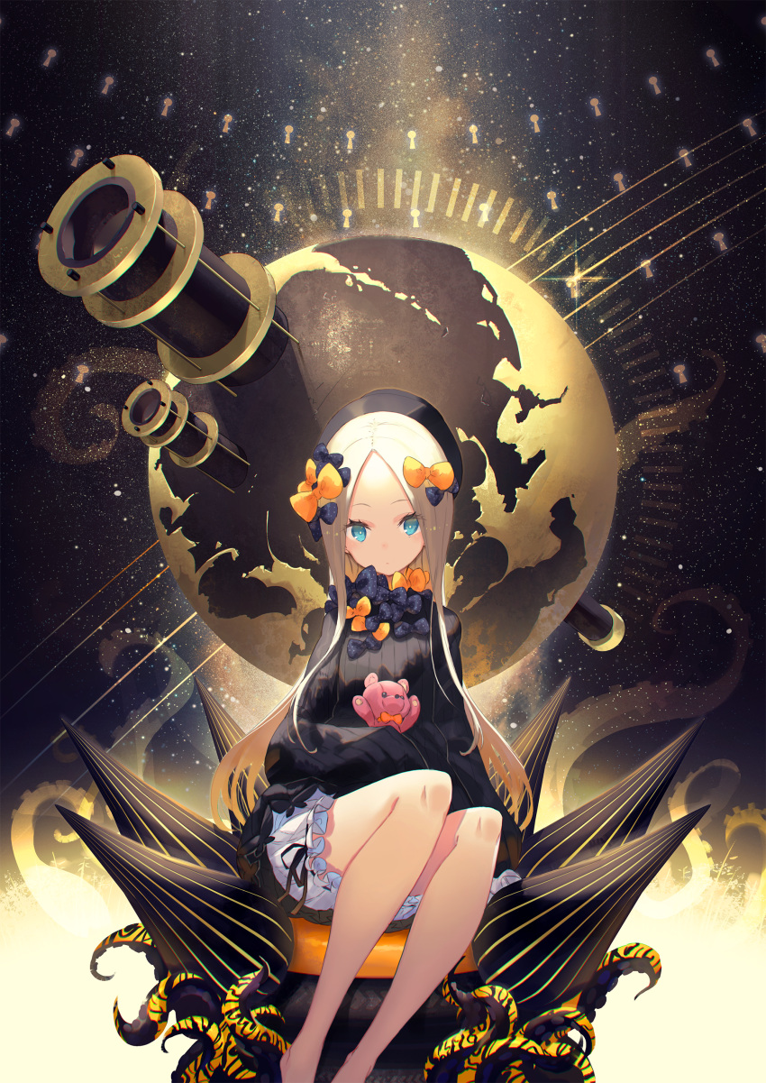 1girl abigail_williams_(fate/grand_order) absurdres barefoot blonde_hair blue_eyes bow dress fate/grand_order fate_(series) forehead hair_bow hat highres keyhole long_hair looking_at_viewer mk_(masatusaboten) sitting solo space star_(sky) stuffed_animal stuffed_toy teddy_bear