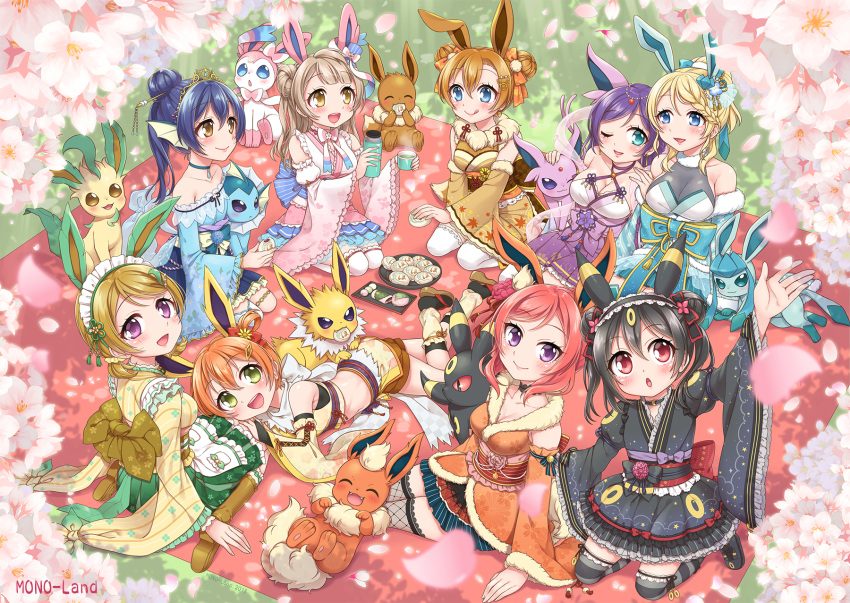 6+girls :d apron arm_up ayase_eli back_bow bangs bare_shoulders black_footwear black_hair black_kimono black_legwear black_skirt blanket blonde_hair blue_eyes blue_hair blue_kimono blue_skirt blush boots bow braid breasts brown_eyes brown_footwear brown_hair brown_kimono brown_shorts character_request cherry_blossoms cleavage closed_mouth commentary_request creatures_(company) crop_top crossover cup day detached_sleeves double_bun eevee espeon eyebrows_visible_through_hair flareon flower food_in_mouth frilled_apron frilled_kimono frilled_sleeves frills fur-trimmed_kimono fur_trim game_freak gen_1_pokemon gen_2_pokemon gen_4_pokemon gen_6_pokemon glaceon green_eyes green_skirt hair_between_eyes hair_bun hanami highres holding holding_cup hoshizora_rin japanese_clothes jolteon juliet_sleeves kimono knee_boots kneehighs koizumi_hanayo leafeon long_sleeves love_live! love_live!_school_idol_project low_twintails medium_breasts midriff minami_kotori mono_land mouth_hold multiple_girls nintendo nishikino_maki obi off_shoulder open_mouth orange_bow orange_hair outdoors parted_lips pink_flower pleated_skirt pokemon pokemon_(creature) puffy_sleeves purple_skirt red_bow red_eyes redhead sash see-through shoe_soles shoes short_shorts short_twintails shorts side_bun sidelocks skirt smile sonoda_umi striped striped_legwear sylveon thermos thigh-highs toujou_nozomi twintails two_side_up umbreon vaporeon violet_eyes waist_apron white_apron white_legwear wide_sleeves yazawa_nico zouri