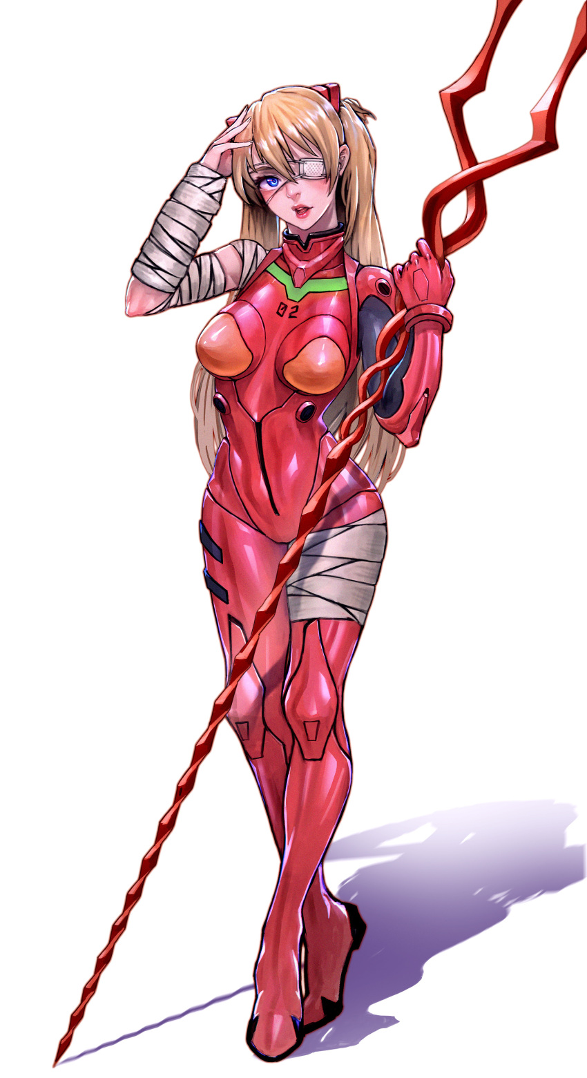 1girl absurdres arm_wrap blue_eyes blush bodysuit breasts eyepatch full_body gloves hair_between_eyes highres lance_of_longinus long_hair looking_at_viewer medium_breasts neon_genesis_evangelion open_mouth plugsuit red_gloves snow7a solo souryuu_asuka_langley standing very_long_hair white_background