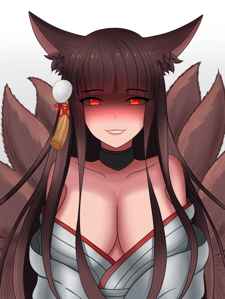 1girl akagi_(azur_lane) animal_ears azur_lane bare_shoulders blush breasts brown_hair choker cleavage collarbone commentary_request fox_ears fox_girl fox_tail glowing glowing_eyes hair_ornament highres japanese_clothes kimino kimono kitsune large_breasts long_hair looking_at_viewer multiple_tails off_shoulder red_eyes smile snow_dusk solo tail white_kimono yandere