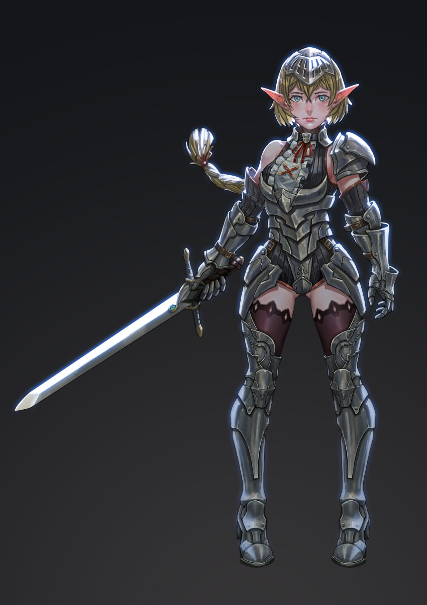 1girl absurdres arm_at_side armor ass_visible_through_thighs belt blonde_hair blue_eyes boots brown_legwear detached_sleeves elf frills full_body gauntlets greaves grey_background grey_legwear hair_between_eyes helmet highres holding holding_sword holding_weapon long_hair looking_at_viewer low-tied_long_hair original pointy_ears red_ribbon ribbon serious shoulder_armor simple_background snow7a solo standing sword thigh-highs weapon