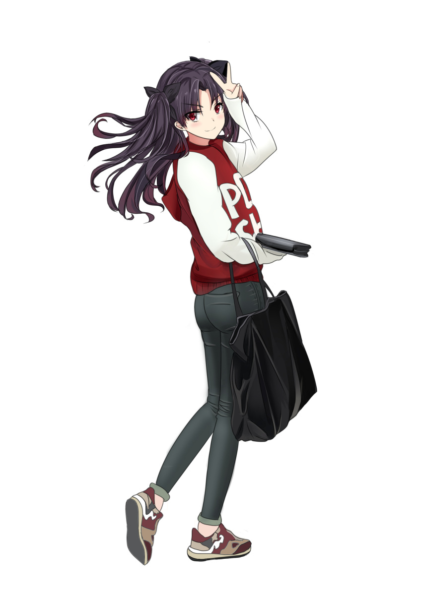 1girl absurdres arm_up bag black_bow black_hair black_pants bow degu_guke eyebrows_visible_through_hair fate/grand_order fate_(series) floating_hair full_body hair_bow highres holding holding_bag ishtar_(fate/grand_order) long_hair long_sleeves looking_at_viewer pants red_eyes shoes simple_background skin_tight smile sneakers solo sweater twintails v v-shaped_eyebrows walking white_background white_sleeves