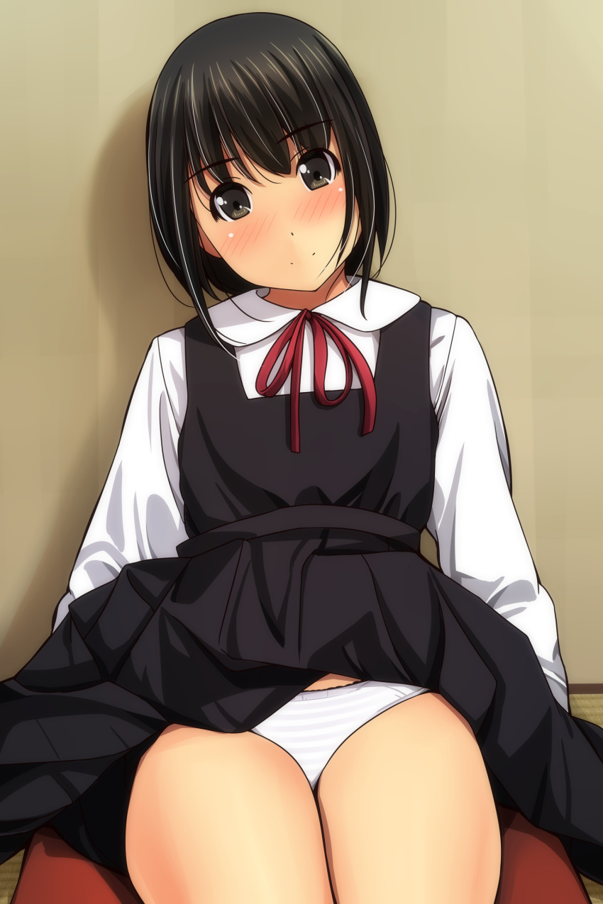 1girl absurdres bangs black_dress black_hair blush brown_eyes closed_mouth collared_shirt dress dress_lift eyebrows_visible_through_hair hair_between_eyes head_tilt highres looking_at_viewer matsunaga_kouyou neck_ribbon nose_blush on_floor original panties red_ribbon ribbon shirt sitting sleeveless sleeveless_dress smile solo striped striped_panties underwear white_shirt