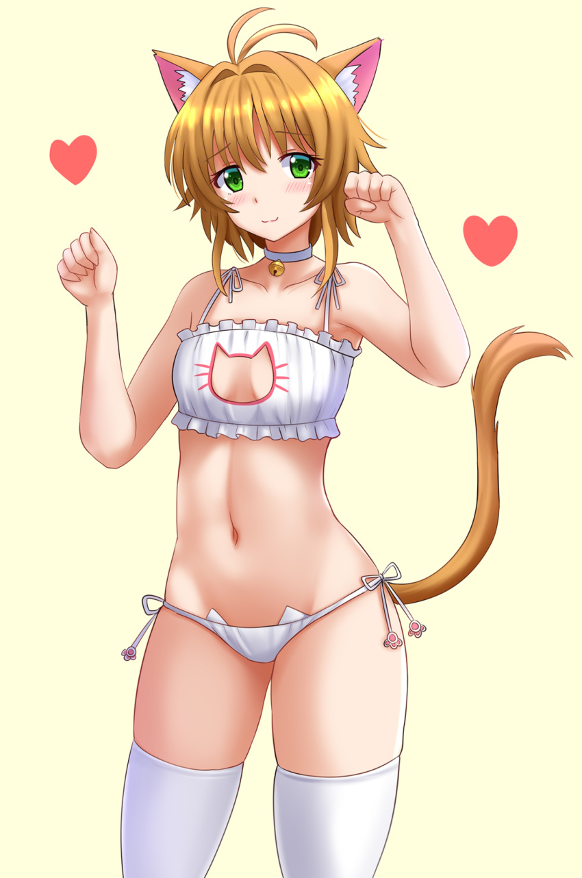 1girl :3 animal_ear_fluff animal_ears antenna_hair bangs bare_arms bare_shoulders bell bell_choker blush bra breasts brown_hair cat_cutout cat_ears cat_lingerie cat_tail choker cleavage_cutout collarbone commentary commission cowboy_shot english_commentary eyebrows_visible_through_hair frilled_bra frills green_eyes groin hair_between_eyes hair_intakes hands_up heart highres jingle_bell kazenokaze kemonomimi_mode looking_at_viewer meme_attire navel panties paw_pose sakura_hime short_hair side-tie_panties simple_background skindentation small_breasts smile solo standing stomach tail thigh-highs thighs tsubasa_chronicle underwear white_bra white_choker white_legwear white_panties yellow_background