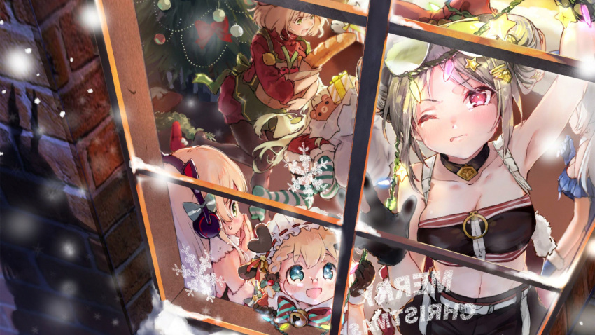 6+girls alternate_costume baguette bread cat_ear_headphones cat_ears character_request christmas_lights christmas_ornaments christmas_tree double_bun eyewear_on_head five-seven_(girls_frontline) food g36_(girls_frontline) girls_frontline glasses headphones maid_headdress merry_christmas multiple_girls official_art one_eye_closed p90_(girls_frontline) px4_storm_(girls_frontline) reflection sack shadow snow snowing stuffed_animal stuffed_toy sunglasses teddy_bear tmp_(girls_frontline) tongue tongue_out tripping window younger