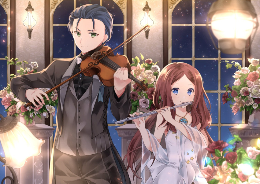 1boy 1girl bangs black_jacket black_shirt blue_eyes blue_hair blurry blurry_foreground bow bowtie brown_hair brown_pants closed_mouth commentary depth_of_field dress dress_shirt english_commentary fate/grand_order fate_(series) flower flute forehead green_eyes grey_vest holding holding_instrument instrument iroha_(shiki) jacket leonardo_da_vinci_(fate/grand_order) long_hair long_sleeves medallion music open_clothes open_jacket pants parted_bangs playing_instrument red_flower red_rose rose see-through sherlock_holmes_(fate/grand_order) shirt smile strapless strapless_dress very_long_hair vest violin white_dress white_flower white_neckwear white_rose