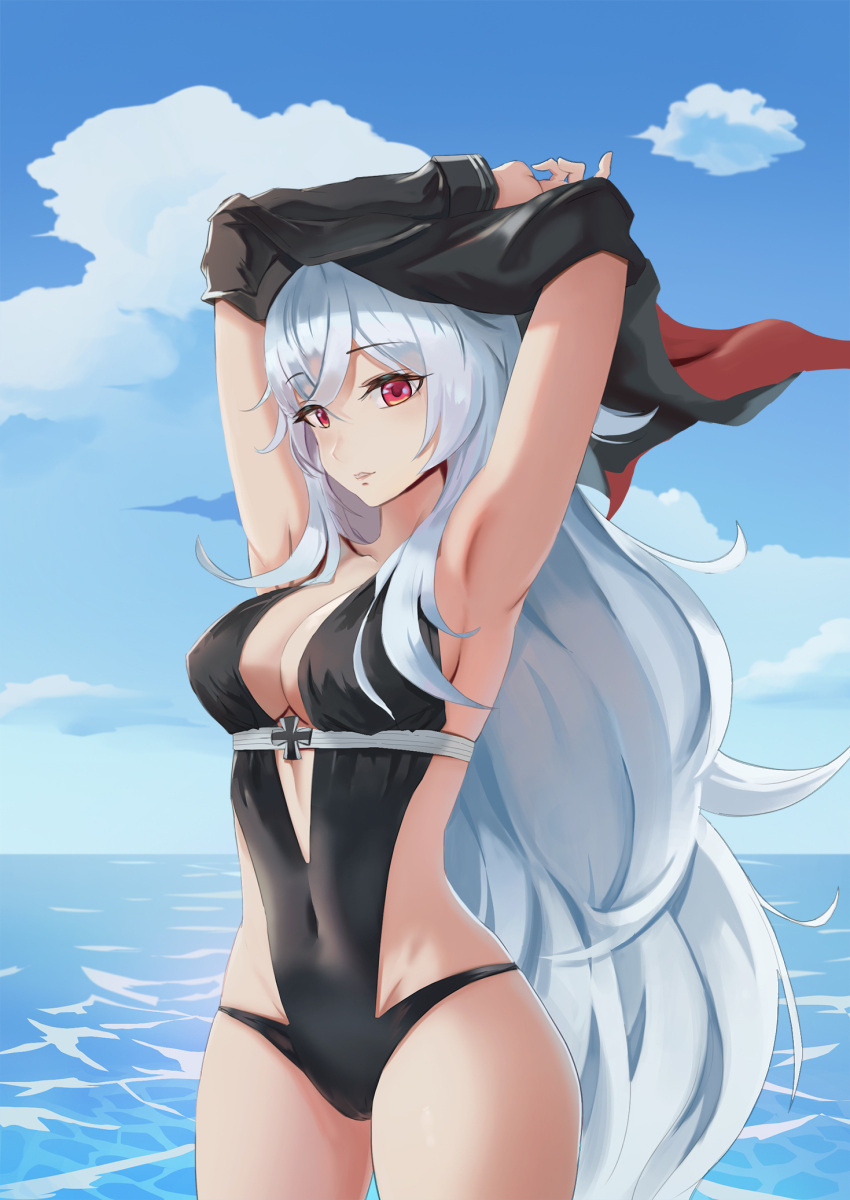 1girl armpits arms_up azur_lane bangs beach black_swimsuit blue_sky breasts bubble cleavage clouds commentary_request covered_navel day eyebrows_visible_through_hair gan-viking graf_zeppelin_(azur_lane) groin hair_between_eyes highres iron_cross jacket jacket_on_shoulders large_breasts leg_up long_hair looking_at_viewer messy_hair navel navel_cutout ocean off_shoulder one-piece_swimsuit outdoors outstretched_arm parted_lips red_eyes revision sideboob sidelocks silver_hair sky solo swimming swimsuit taut_clothes taut_swimsuit thighs undressing very_long_hair