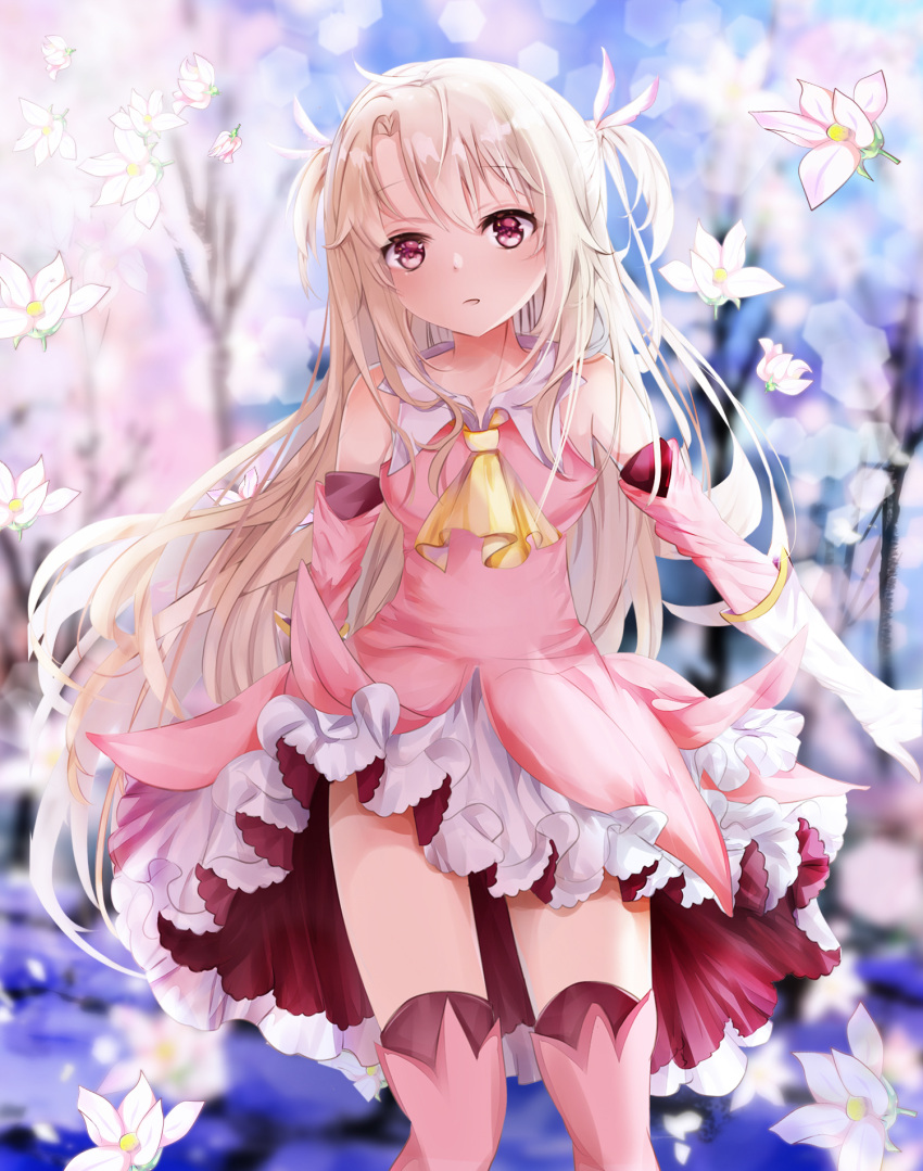 1girl ascot bangs bare_shoulders blurry blurry_background blush boots commentary_request depth_of_field detached_sleeves elbow_gloves eyebrows_visible_through_hair fate/kaleid_liner_prisma_illya fate_(series) feathers flower gloves hair_between_eyes hair_feathers head_tilt highres illyasviel_von_einzbern light_brown_hair long_hair long_sleeves looking_at_viewer mutang parted_lips pink_feathers pink_footwear pink_legwear pink_shirt pink_sleeves pleated_skirt prisma_illya red_eyes shirt skirt sleeveless sleeveless_shirt solo thigh-highs thigh_boots two_side_up very_long_hair white_flower white_gloves white_skirt yellow_neckwear