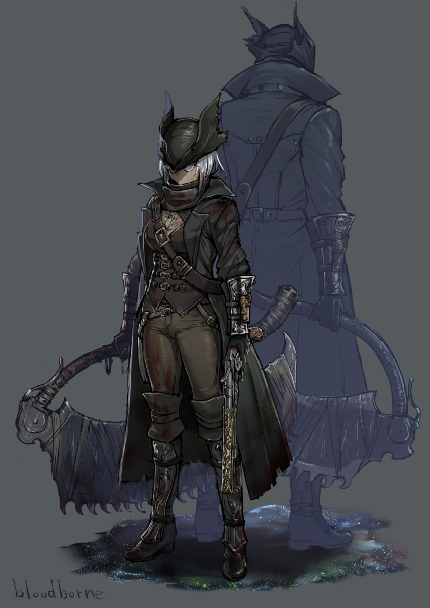 1boy 1girl back-to-back blood blood_on_face bloodborne bloody_clothes boots dual_persona dual_wielding glasses gloves gun height_difference highres holding holding_weapon hunter_(bloodborne) iltusa looking_at_viewer pants saw_cleaver scarf serious standing trench_coat vambraces weapon white_hair