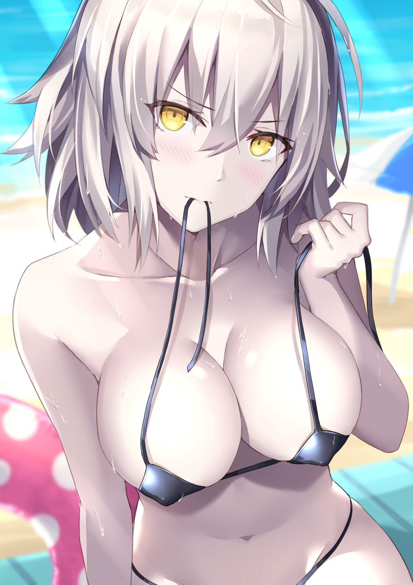 1girl absurdres beach bikini black_bikini blurry blurry_background blush breasts collarbone day eyebrows_visible_through_hair fate/grand_order fate_(series) hair_between_eyes head_tilt highres innertube jeanne_d'arc_(alter_swimsuit_berserker) jeanne_d'arc_(fate)_(all) large_breasts looking_at_viewer mouth_hold navel outdoors rin_yuu shiny shiny_skin short_hair silver sitting solo sunlight swimsuit undersized_clothes untied untied_bikini yellow_eyes
