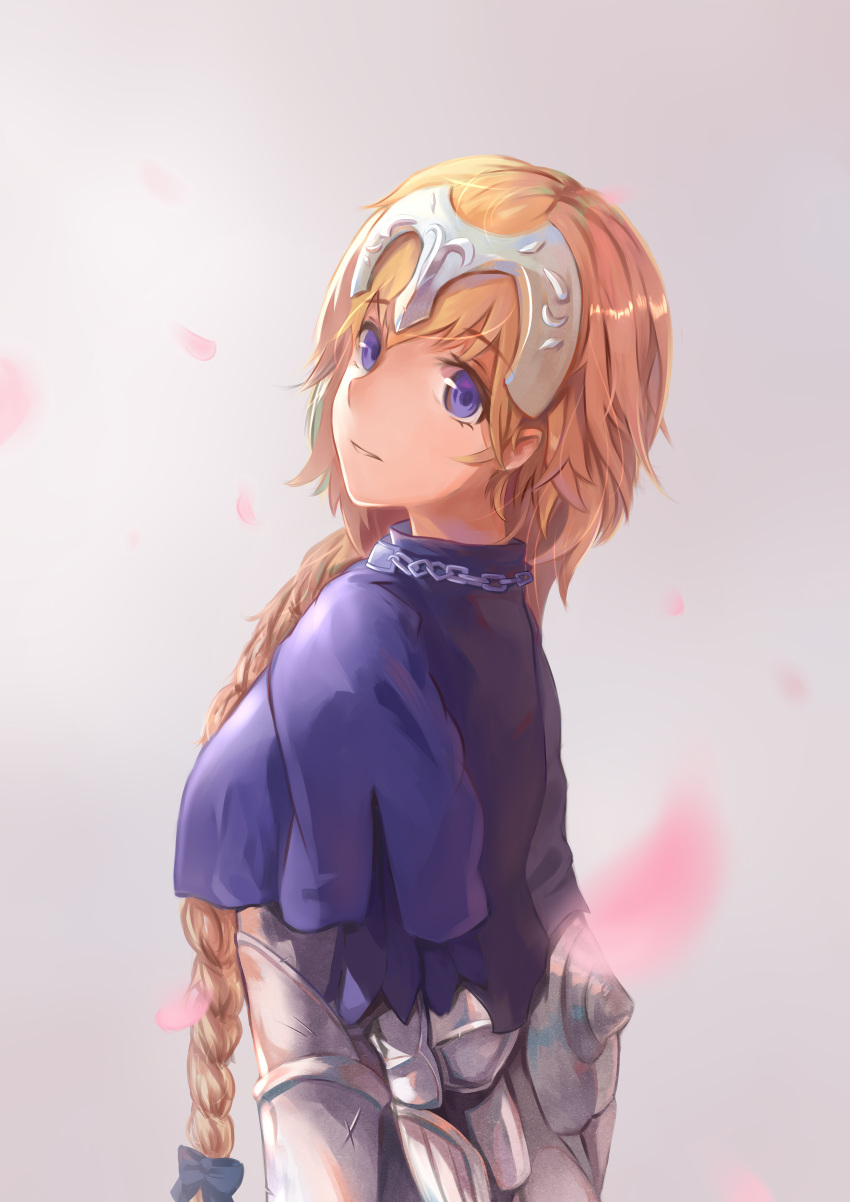 1girl absurdres armor arms_behind_back black_bow blonde_hair blue_eyes bow braid braided_ponytail chains cherry_blossoms eyebrows_visible_through_hair fate/apocrypha fate_(series) from_side grey_background hair_bow headpiece highres jeanne_d'arc_(fate) jeanne_d'arc_(fate)_(all) long_hair milu_(pixiv8523021) parted_lips shiny shiny_hair single_braid smile solo upper_body very_long_hair