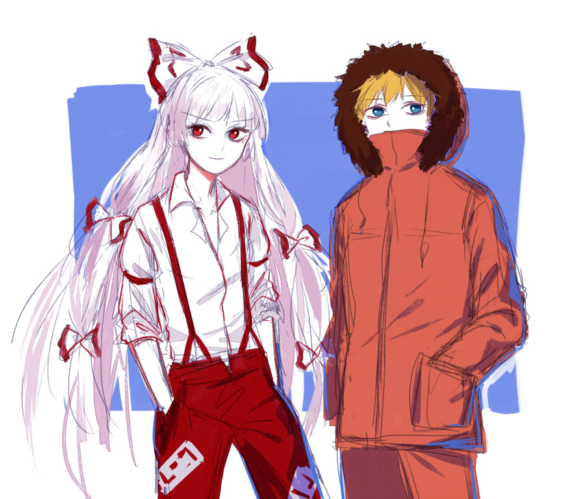 1boy 1girl blonde_hair blue_eyes bow crossover dress_shirt fujiwara_no_mokou gloves hair_bow hair_ribbon hands_in_pockets kenny_mccormick long_hair ofuda pants parka potatotop red_eyes ribbon shirt short_hair south_park suspenders touhou trait_connection very_long_hair white_hair white_shirt